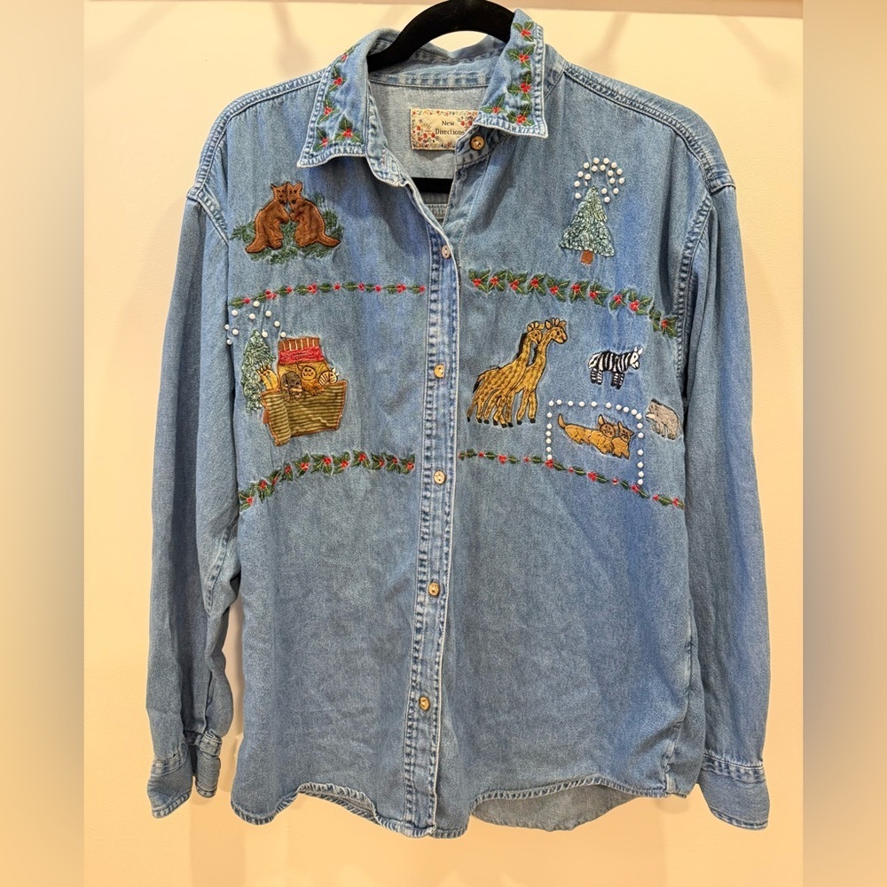 VTG 90s Christmas Noah’s Ark Embroidered Denim Button Up